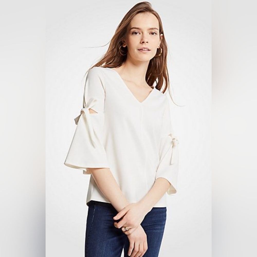 Ann Taylor Petite Cream Tie Sleeve Bell Sleeve Blouse Top MP  #1442